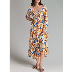 Dolan Anthropologie Smocked print Maxi Dress Orange Blue M boho Whimsi flowy